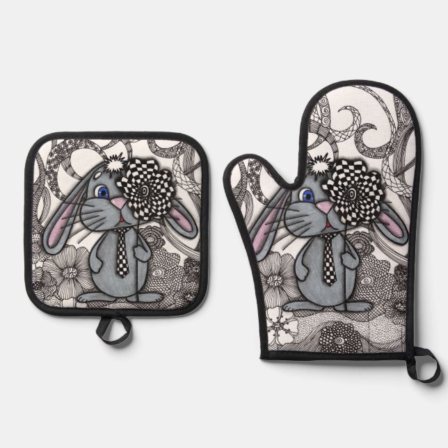 Cute Hand-Drawn Bunny Rabbit Zen Doodle Pot Holder Oven Mitt & Pot Holder Set (Front)
