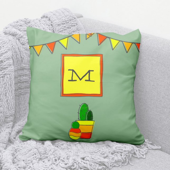 Cute Hand-Drawn Cactus + Monogram Festive Fiesta Throw Pillow (Fun Fiesta Green, Yellow, Red, and Orange Modern Monogram  Throw Pillow)