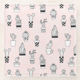 Cute Hand Drawn Cactus Pattern Glass Coaster