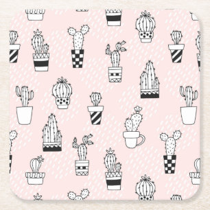 Cute Hand Drawn Cactus Pattern Square Paper Coaster
