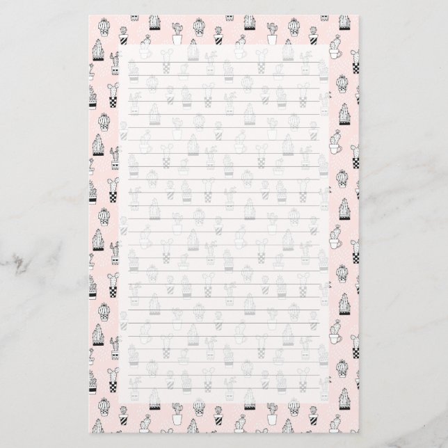 Cute Hand Drawn Cactus Pattern Stationery (Front)