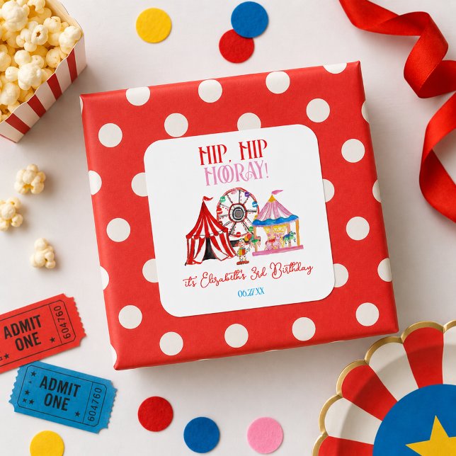 Cute Hand Drawn Carnival Circus Birthday Square Sticker (Cute Hand Drawn Carnival Circus Birthday Square Sticker)