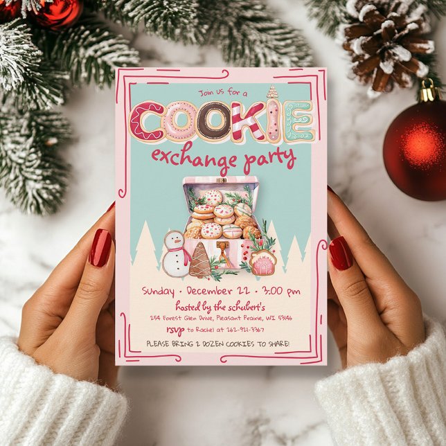 Cute Hand Drawn Christmas Cookie Exchange Party Invitation (Cute pink, red, teal hand drawn cookie exchange Christmas Party invitation, cookies, baking)