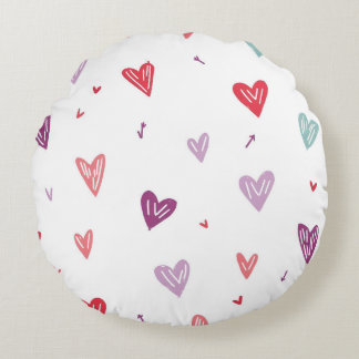 Cute Hand-Drawn Colourful Hearts Round Pillow