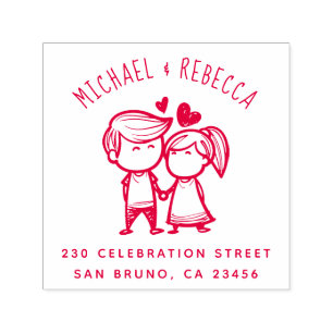 Cute Hand Drawn Couple & Custom Return Address Self-inking Stamp