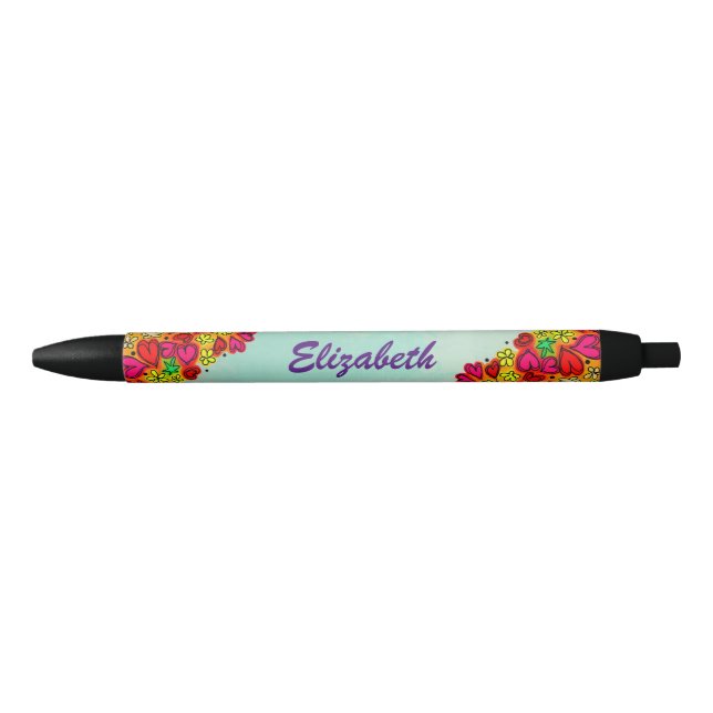 Cute Hand Drawn Doodle Hearts and Flowers Black Ink Pen (Front)