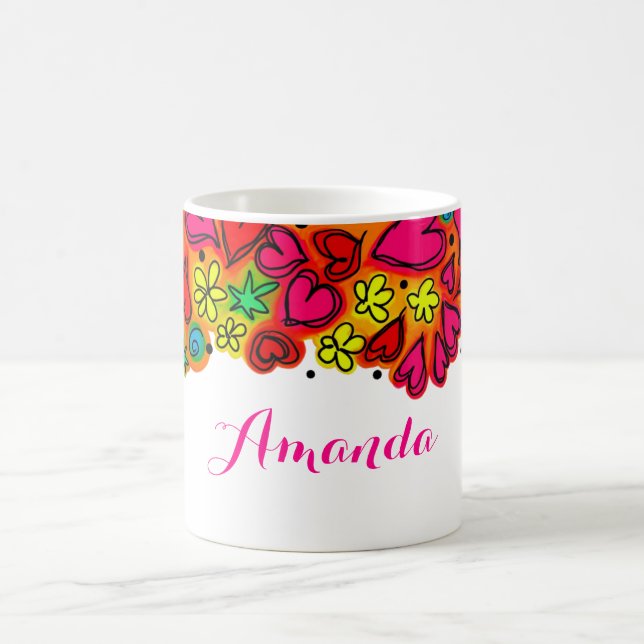 Cute Hand Drawn Doodle Hearts and Flowers Coffee Mug (Center)