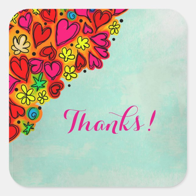 Cute Hand Drawn Doodle Hearts and Flowers Thanks Square Sticker (Front)