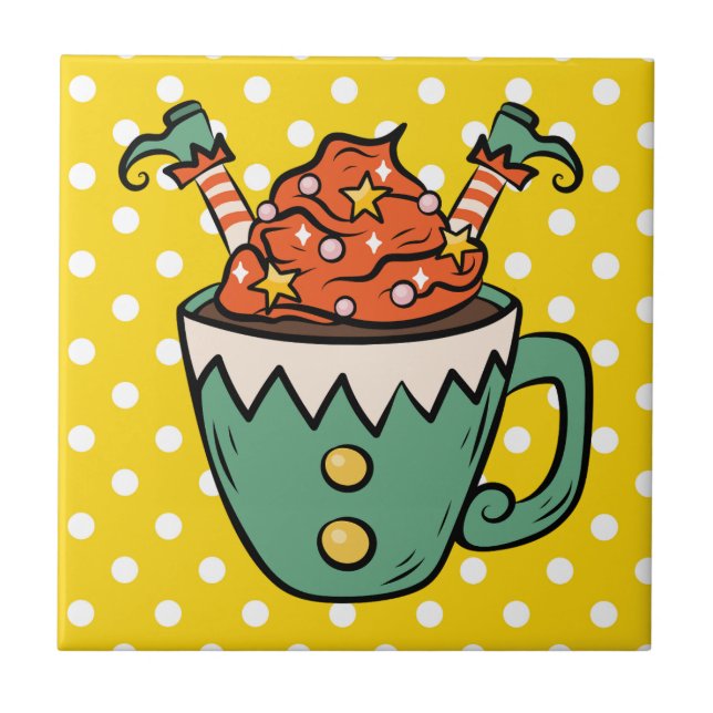 Cute hand drawn Elf Colourful retro Fun Yellow Tile (Front)
