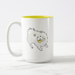 Cute Hand Drawn Fluffy White Dog Holding Yellow To Two-Tone Coffee Mug