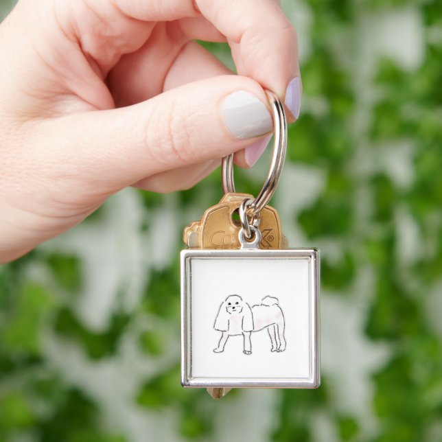 Cute Hand Drawn Fluffy White Dog Illustration Keychain (Hand)