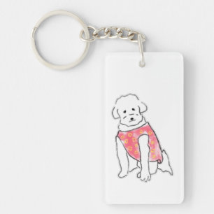 Cute Hand Drawn Fluffy White Dog in Pink Vest Keychain