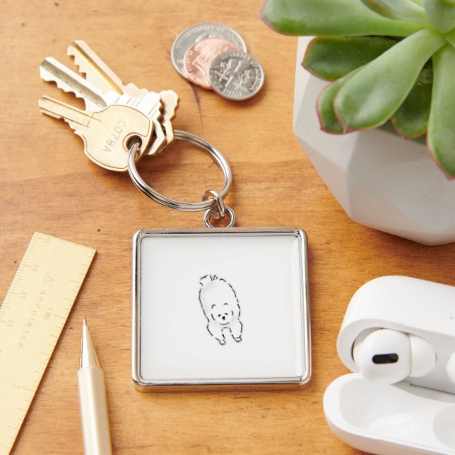 Cute Hand Drawn Fluffy White Dog Lying Down Keychain (Desk)