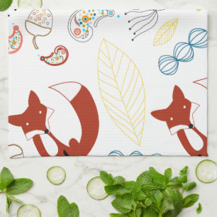 Cute Hand Drawn Fox Hearts in Yellow Blue Pink Kitchen Towel