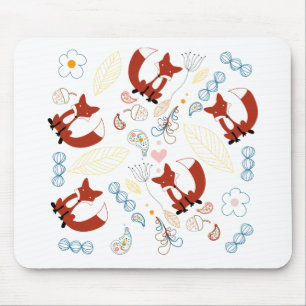Cute Hand Drawn Fox Hearts in Yellow Blue Pink Mouse Pad