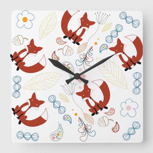 Cute Hand Drawn Fox Hearts in Yellow Blue Pink Square Wall Clock (Front)