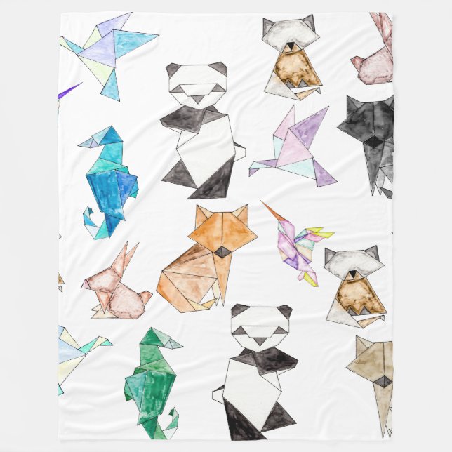 Cute Hand Drawn Geometric Paper Origami Animals Fleece Blanket (Front)
