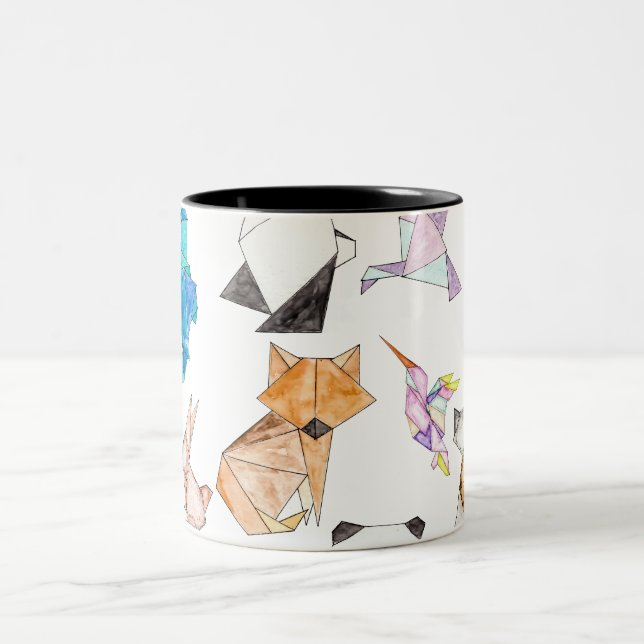 Cute Hand Drawn Geometric Paper Origami Animals Two-Tone Coffee Mug (Center)