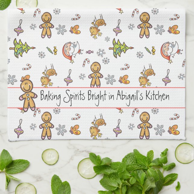 Cute Hand-drawn Gingerbread Baking Spirits Bright Kitchen Towel (Folded)
