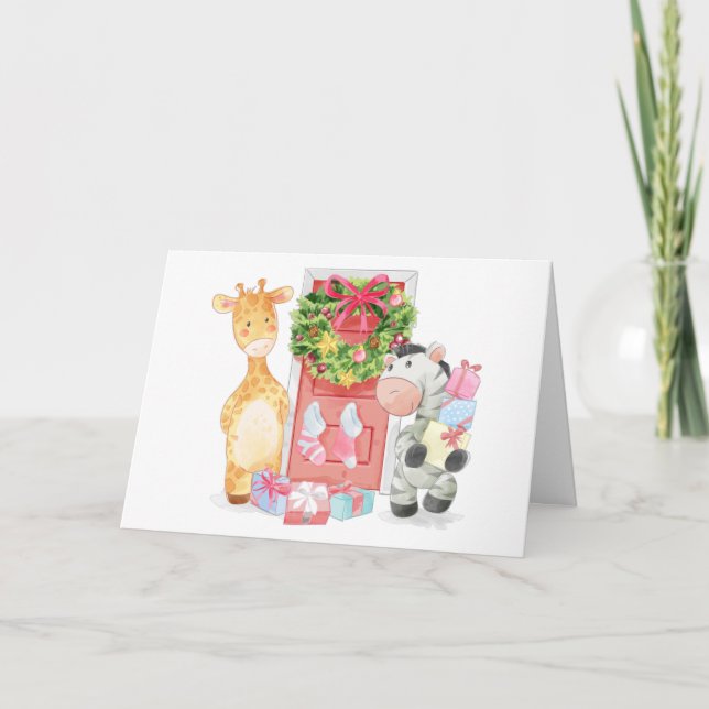 Cute Hand drawn Giraffe and Zebra Christmas Holiday Card (Front)