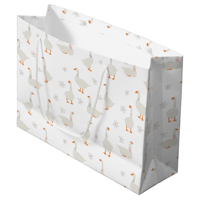 Cute Hand Drawn Goose & Daisies Large Gift Bag (Front Angled)