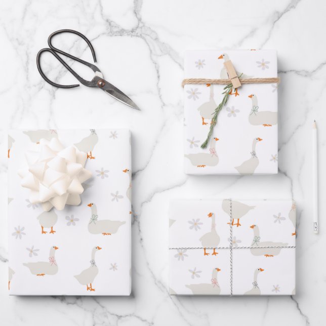 Cute Hand Drawn Goose & Daisies Wrapping Paper Sheet (Front)