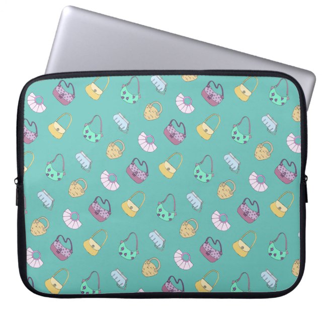 Cute Hand Drawn Handbags Doodles Pattern Teal Laptop Sleeve (Front)