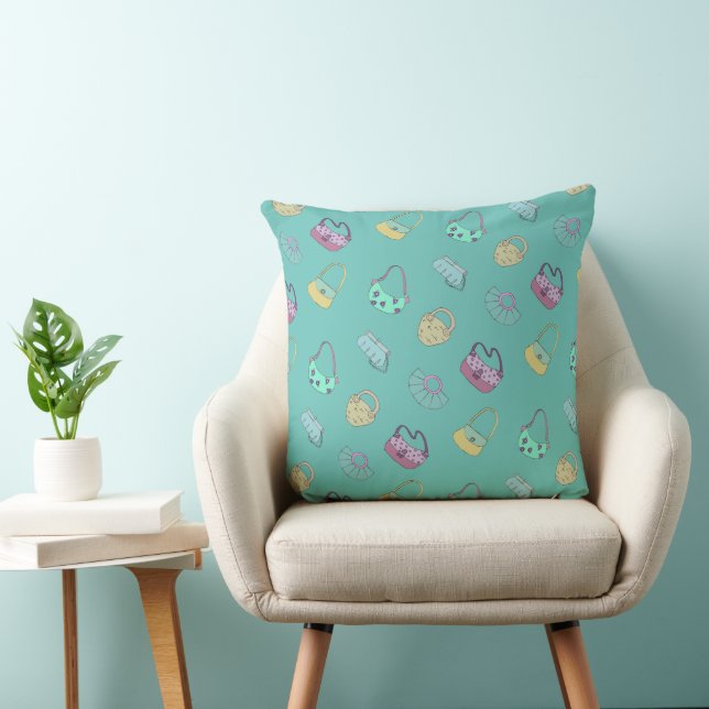 Cute Hand Drawn Handbags Doodles Pattern Teal Throw Pillow (Chair)