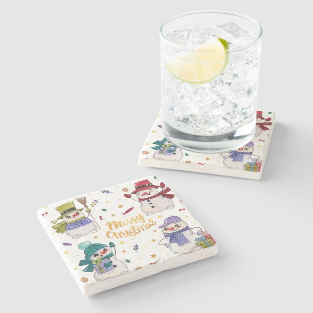 Cute Hand Drawn Holiday Snowman Stone Coaster (Side)