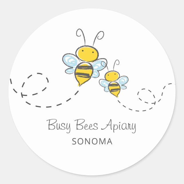 Cute Hand Drawn Honey Bees Apiary Beekeeper Logo Classic Round Sticker (Front)