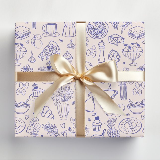 Cute Hand Drawn Italian Food and Flowers Kitchen Wrapping Paper (In situ)