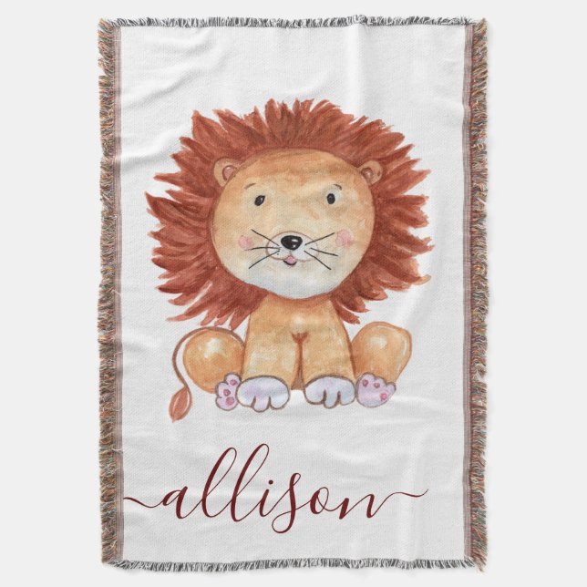 Cute hand drawn lion personalized kids throw blanket (Front Vertical)