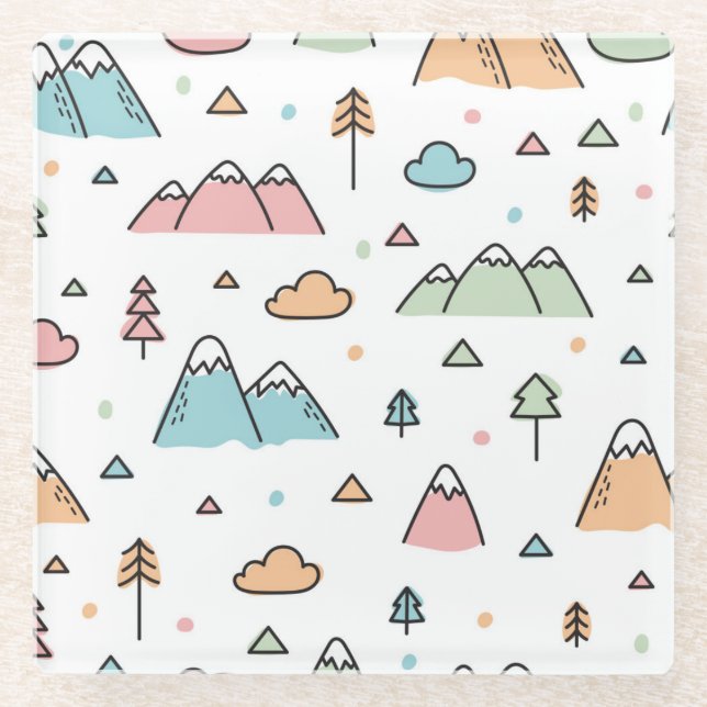 Cute Hand Drawn Mountain Scene Pattern Glass Coaster (Front)