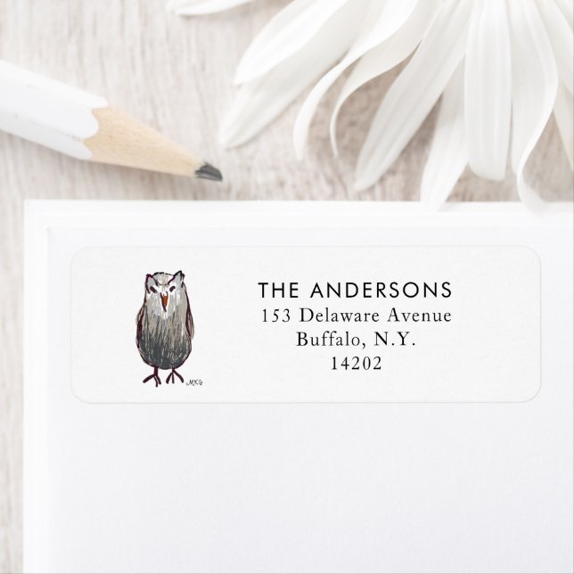 Cute Hand-Drawn Owl Whimsical Bird Return Address (Insitu)