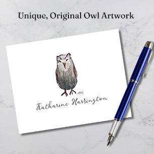 Cute Hand-Drawn Owl Whimsical Monogram Wildlife Note Card