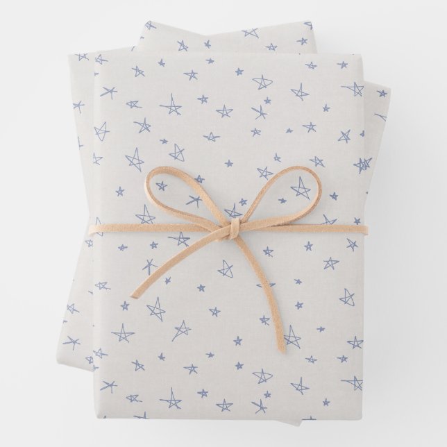Cute Hand Drawn Pastel Blue Stars on Cream Texture Wrapping Paper Sheet (In situ)