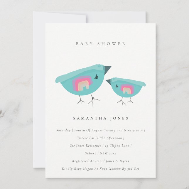 Cute Hand Drawn Rainbow Blue Birdy Baby Shower Invitation (Front)