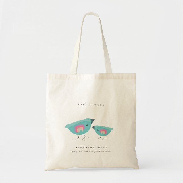 Cute Hand Drawn Rainbow Blue Birdy Baby Shower Tote Bag (Front)