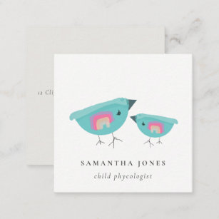 Cute Hand Drawn Rainbow Blue Birdy Mother Baby Square Business Card