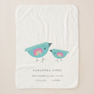 Cute Hand Drawn Rainbow lue Birdy Baby Birth Stat Sherpa Blanket