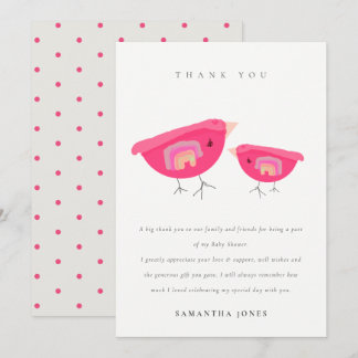 Cute Hand Drawn Rainbow Pink Birdy Baby Shower Thank You Card