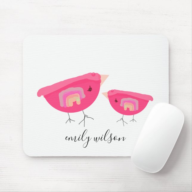 Cute Hand Drawn Rainbow Pink Birdy Mother Baby Mouse Pad (With Mouse)