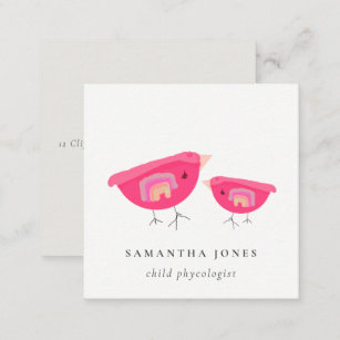 Cute Hand Drawn Rainbow Pink Birdy Mother Baby Square Business Card