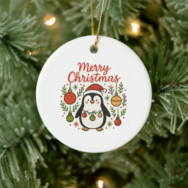 Cute Hand-Drawn Santa Hat Penguin Christmas Ceramic Ornament (Tree)