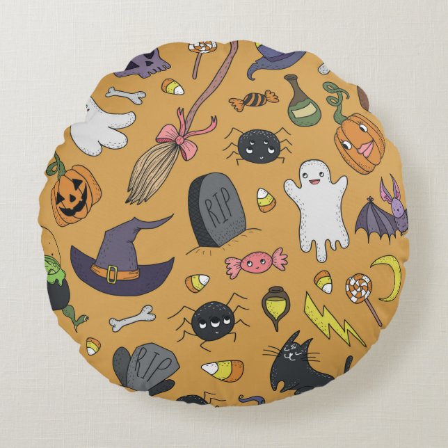 Cute hand drawn seamless patterns with cute hand d round pillow (Front)