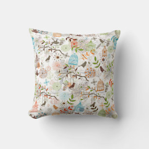 Cute Hand Drawn Sketch of Birds and Bird Cages Throw Pillow