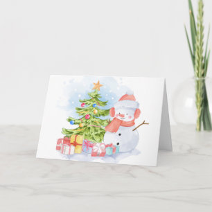 Cute Hand drawn Snowman & Tree Christmas Holiday Card