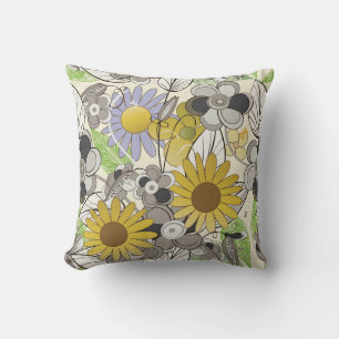 Cute Hand Drawn Sunflower and Butterfly Pattern Throw Pillow