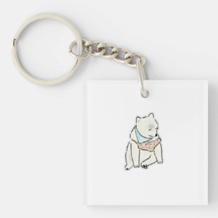 Cute Hand-Drawn Tired White Dog with Bandana Keychain