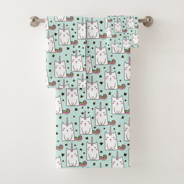 Cute Hand Drawn Unicorn Cat Pattern Bath Towel Set (Insitu)
